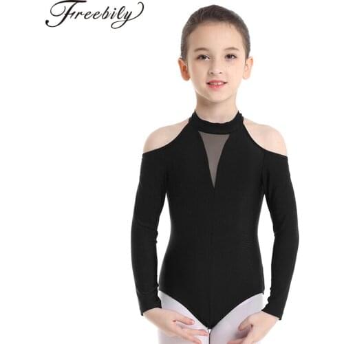 Kids Girls Off-shoulder Long Sleeve Cutout Gymnastics Leotard Workout Fitness Bodysuit Child Gymnastic Exercise Dance Costume