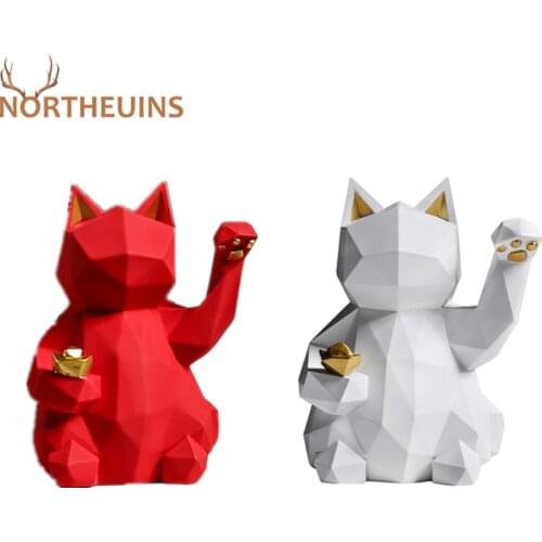 NORTHEUINS Resin Geometry Lucky Cat Figurines Modern Animal Statue For Home Interior Modern Minimalist DecorBed Room Decoration