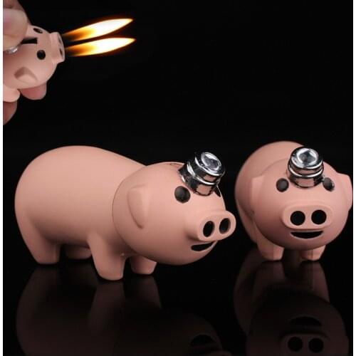 Creative Compact Little Piggy Jet Lighter Butane Pig Inflated Dual Nozzles Free Fire Lighter Bar Metal Funny Toys No Gas