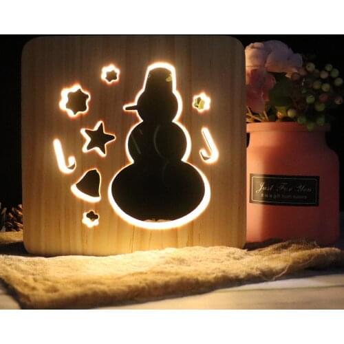 Creative 3D Carved Wood Table Lamp Snowman Santa Claus Christmas Tree LED Night Light Bedroom Bedside Desk Light Home Decoration