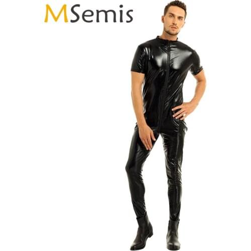Mens Wet Look Stretchy Leather Full-Body Leotard Short Sleeves Zipper Crotch Exotic Bodystocking Catsuit Homme Jumpsuit Rompers