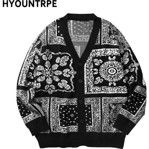 Mens Harajuku Knitted Sweater Cardigan Retro Vintage Hip Hop Streetwear Autumn Winter Cotton Casual Open Buttons Sweaters Black