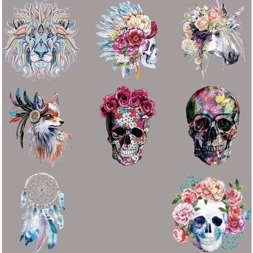 Skeleton Flower Unicorn Patches Horse Patch for Kids Diy Iron on Animal Stickers for Clothing Heat Transfer Clothes Appliques