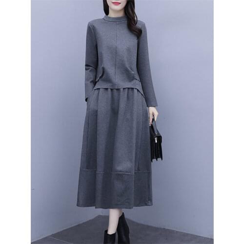 Solid Color Plus Size Womens Set 2021 Autumn New Casual Fashion Two Piece Long Sleeve Tops And Long Skirt Suit Outfits M203