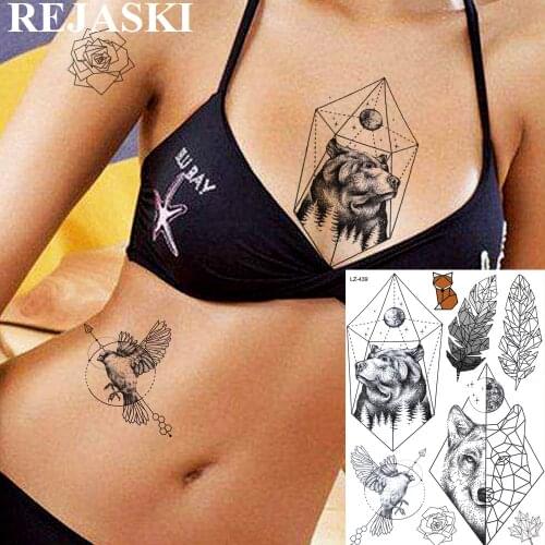 REJASKI Cool Geometric Bear Feather Temporary Tattoos For Women Men Sticker Wolf Diamond Rose Black Tattoo Art Fake Tatoos Sheet