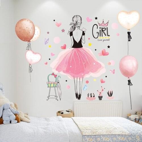 [shijuekongjian] Cartoon Girl Wall Stickers DIY Balloons Mural Decals for House Kids Bedroom Baby Room Nursery Decoration