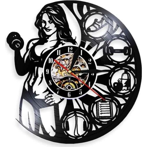 Sports Motivation Vinyl Record Wall Clock Gym Home Decor Modern Design Wall Hanging Watch Non-Ticking Bodybuilding Fitness Clock