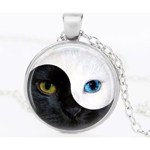 SUTEYI Yin Yang Style Necklace Glass Cat Picture Pendant Cat Eye Silver Plated Necklaces For Men Women Jewelry