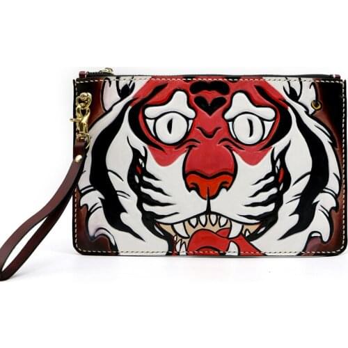 Handmade Women Men Vegetable Tanned Leather Carvings Cartoon Tiger Bag Money Holder Clutch Purse Cigarette Pocket Man Clutches