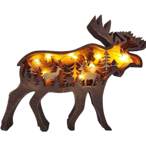 Christmas Decoration Wooden Hollowed Small Elk and Brown Bear LED Light Cute Desktop Ornaments Home Decor Accessories