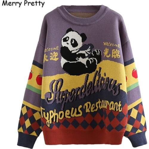 XUANHAO Womens Cartoon Panda Embroidery Knitted Sweaters 2019 Winter Thick Warm Harajuku Cute Jacquard Sweater Pullovers