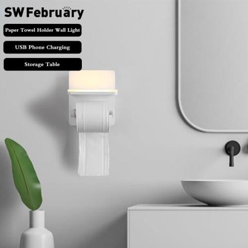 SWFebruary Bathroom LED Wall Lamp Paper Towel Holder USB Charging Bedroom Living Room Kitchen Balcony Washbasin LED Wall Lamp