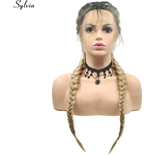 Sylvia Natural Handmade Double Braided Synthetic Wig With Baby Hair Long 2x Twist Braids Lace Frontal Wigs For Women Middle Part