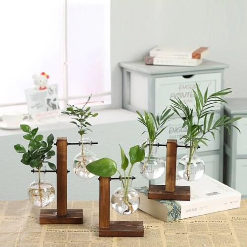 Hydroponic Plant Vases Vintage Flower Pot Transparent Vase Wooden Frame Glass Tabletop Plants Home Bonsai Decor Drop Shipping