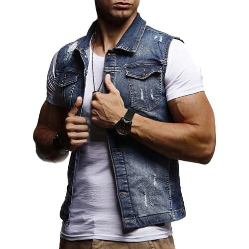 High Quality Man Vintage Design Cowboy Ripped Jacket Male Waistcoat Mens Denim Vest Vintage Sleeveless Washed Jeans Waistcoat