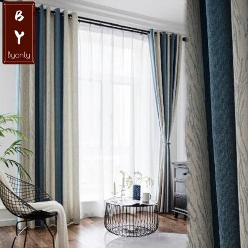 Mediterranean Modern Minimalist Style Blue Vertical Chenille Jacquard Blackout Curtains for Bedroom Living Room Curtains