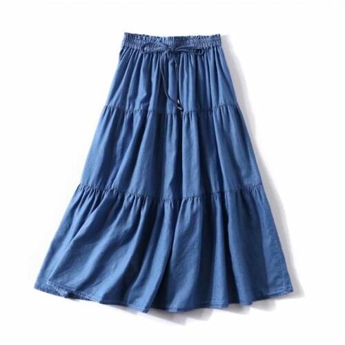 2021 Summer Solid Korean Style Women Long Skirts Loose Ruffles Denim Skirts High Elastic Waist Slim Skirts