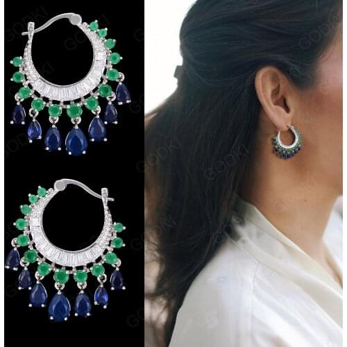 GODK 34mm Elegant Water Drop Design Green Blue Full Mirco Cubic Zirconia Bridal Wedding Women Tassel Earring Fashion Jewelry