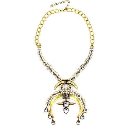 UKEN DY Vintage Exaggerated Rhinestone Chokers Women Bead Inlaid Double Moon Charm Jewelry Statement Crystal Pendants Necklaces