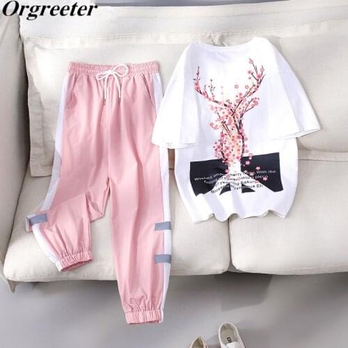 Personality Sports Tracksuit Womens 2 piece Sets Female New Flower Letter Print Tshirts and Hit colors Elastic Waist Pants Set