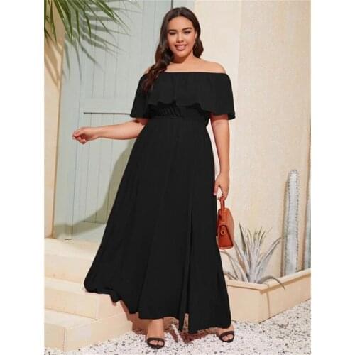 Plus Size Off Shoulder Dress Women Summer Ruffles Slash Neck Short Sleeve Solid Casual Dress Side Split Sexy Beach Dresses