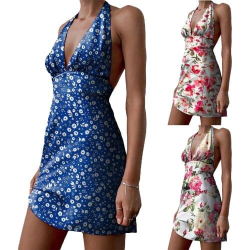 2021 New Women Close-fitting Sexy Dress, Floral Printed Pattern Sleeveless Deep V-neck , Blue/ White
