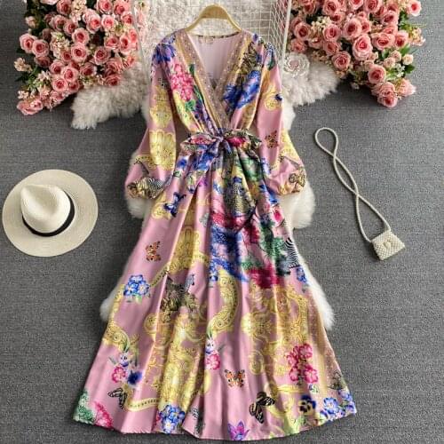 20212021 Spring Women Dress Polyester Long Lantern Sleeve Indie Folk Dress Ladies Deep V-neck Floral Printed Swing Long Dresses