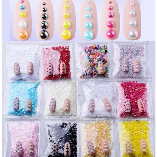 1000pc/Bag 3D Flat-Back Half Pearl Nails Accessory Colorful Rhinestone Mix Size For Nails Art Decorations Semi-Pearl 2/3/4/5/6mm