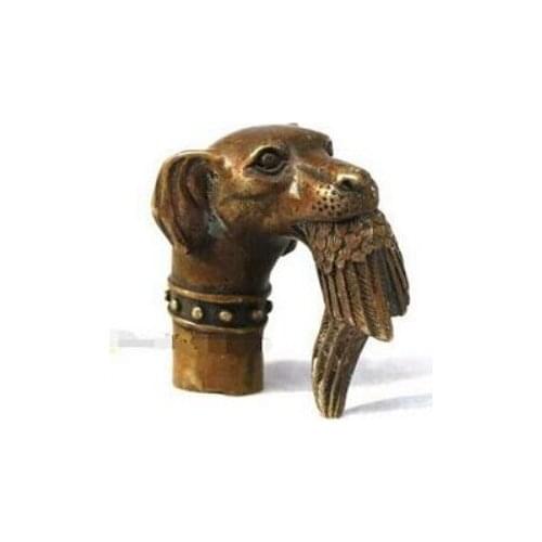 1115+++Pure Copper Brass Grandpa Good Lucky Old Qing Ming Chinese Carved Dog Bitten Birds Statue Cane Walking Stick Head