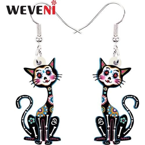 WEVENI Acrylic Halloween Sweet Flowers Skull Skeleton Sitting Cat Earrings Fashion Drop Dangle Charm Gift Jewelry For Women Girl