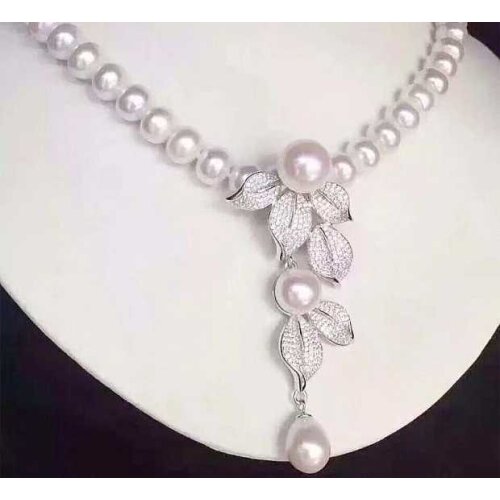 Free shipping 45cm 8-9mm white Pearl CZ Necklace leaf flowers Pendant 925 silver micro inlay zircon clasp accessory jewelry