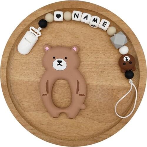 Personalised Nipple Holder Russian Name English Name Custom Pacifier Chain Silicone Bear Teether Toys Baby Teething Accessories