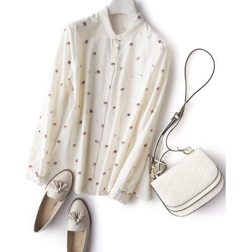 ElfStyle 2020 Women Cotton Flower Printing Long Sleeve Blouse Shirt Top - Newest Women Navy/White Shirt Top