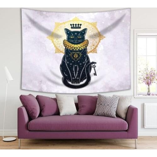 Tapestry Cat Portrait with Secret Key Moon Mandala at the Back Magical Ethnic Artwork Black Yellow Gray