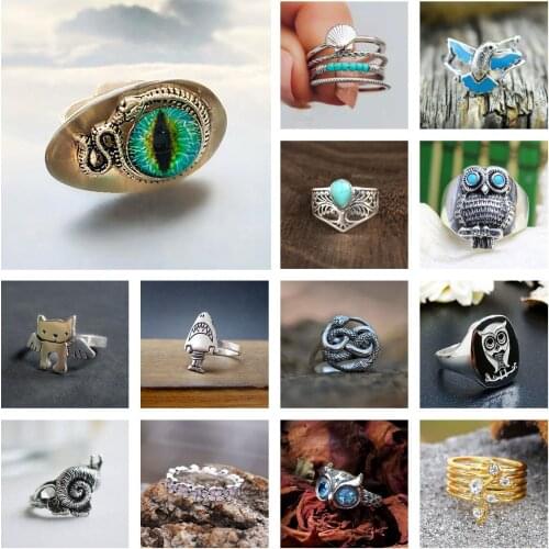 Evil Eye Animal Ring Womens Mens Retro Exquisite Owl Snake Hummingbird Rings Cute Cartoon Cat Shark Snail Party Jewelry Gift