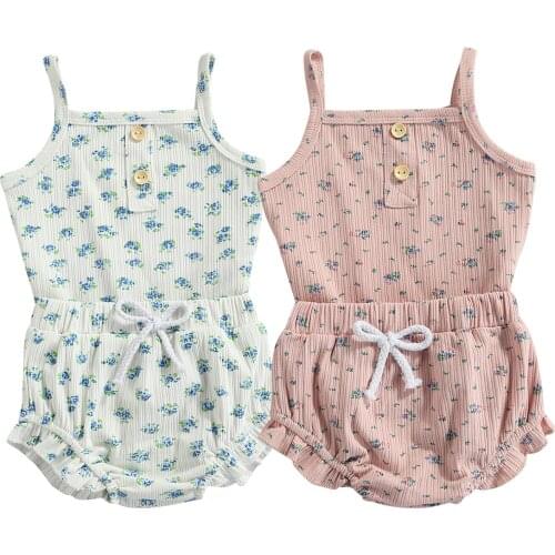 Citgeett Summer Infant Baby Girls Flower Print Off Shoulder Sleeveless Romper+ Ruffled Short Pants Clothes 0-18Months