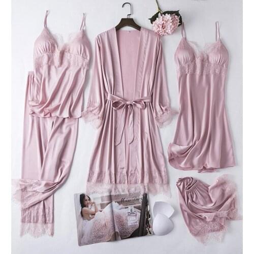 Sexy Womens 5PCS Bathrobe Gown Sets Lace Satin Nighty Robe Kimono Nightgown Sleep Suit Spring Home Sleepwear Intimate Lingerie