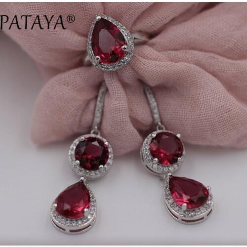 PATAYA Wedding Jewelry Set Brides Red Natural CZ Drop Ring Long Earrings Romantic Engagement Wedding True White Gold Jewelry Set