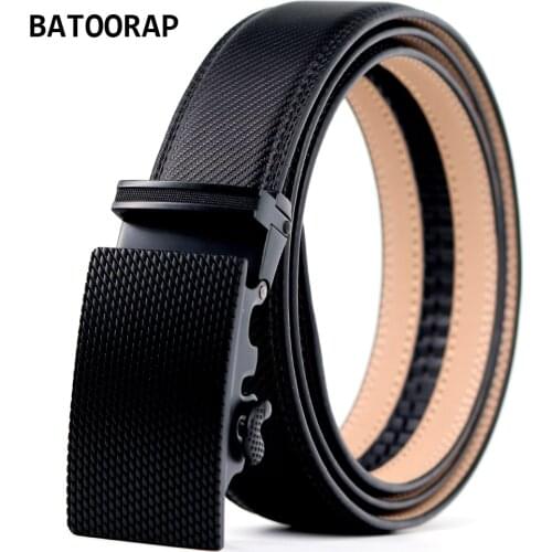Mens Leather Belt Metal Auto Buckle Cowhide Luxury Waist Trouser Belt Ratchet Fashion Black Strap Cool Style