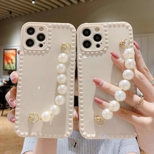 Gimfun Luxury Pearl Wrist Strap Phone Case for iPhone 12 11 Pro Max 7 8 Plus X XR XS Max Cute Love Heart Simple Soft Tpu Case