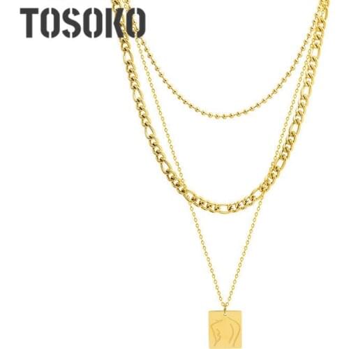 TOSOKO Stainless Steel Jewelry Curve Figure Geometry Square Multi Layer Stacked Necklace Womens High Sense Sweater Chain BSP856