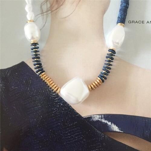 Gorgeous Navy Color Polymer clay Gold Color Metallic Disc Irregualr Pearl Strand Necklace For Women Girl Elegant Party Jewelry