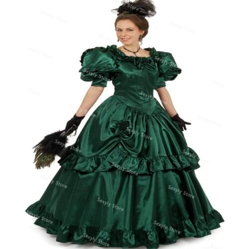 Vintage Green 1800s Medieval Evening Dresses Elegant Short Sleeve Silk Satin Victoria Prom Dress Dubai Abaya Costume Party Gown