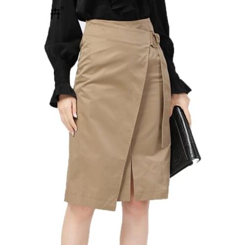 Fashion Knee-Length Khaki Hanging Buckle Skirt Spring Autumn New High Waist A-Line Ladies Midi-Skirts Plus Size Slit Irregular