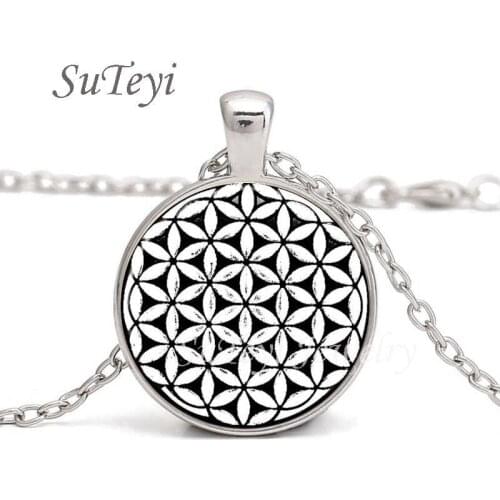 SUTEYI Mandala Hexagon Sacred Geometry Jewelry Fleur De Vie Glass Cabochon Necklace Flower of Life Seed of Life Pendant Necklace