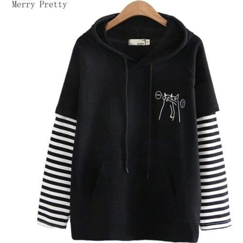 Women Funny Hooded Sweatshirt Cartoon Cat Embroidery Striped Patchwork Hoodies 2020 Spring Sweet Style Cute Tracksuit Pullovers