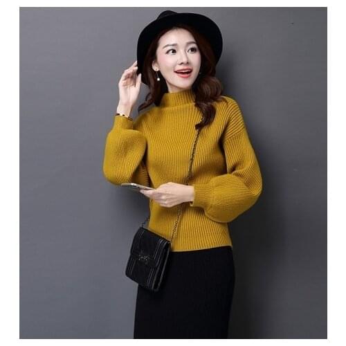 Autumn And Winter New Womens Solid Half High Neck Lantern Long Sleeve Sweater Pullover Short Fashion Loose Bottomed Lady Sweater