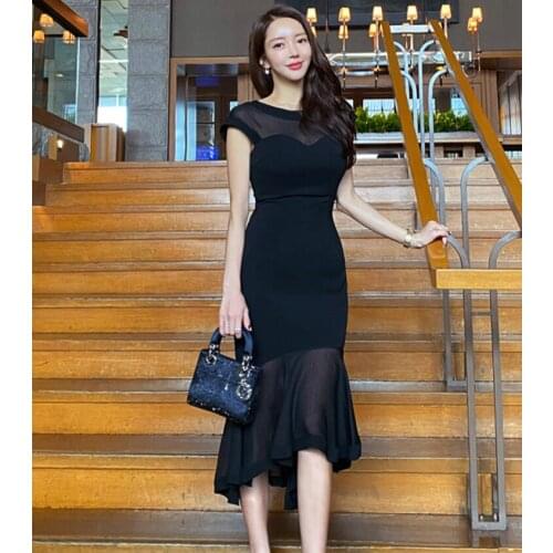 Elegant High Waist Sheath Trumpet Mermaid Sexy Dress Slim Mesh Gauze Stitching O-neck Irregular Summer Dresses Women TA3167