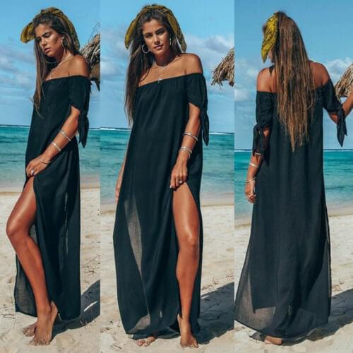 2021 Sexy Womens Bikini Cover-Up Mesh Sheer See Through Long Dress High Split Off Shoulder Swimsuit Cover Dress Beachwear