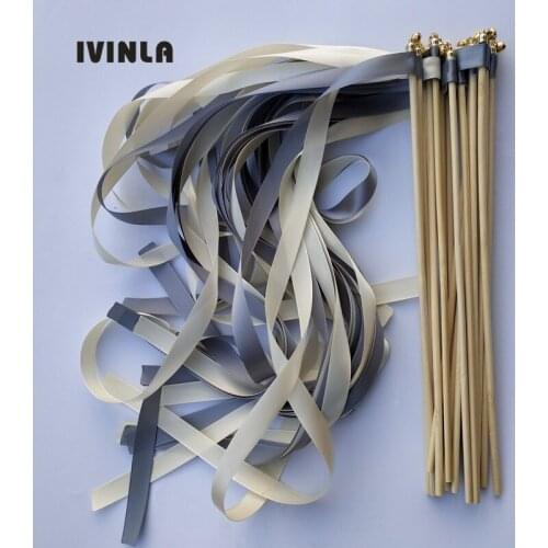 50pcs/lot grey and cream wedding ribbon wands with gold bell ribbon Twirling Streamers, ribbon wish wands